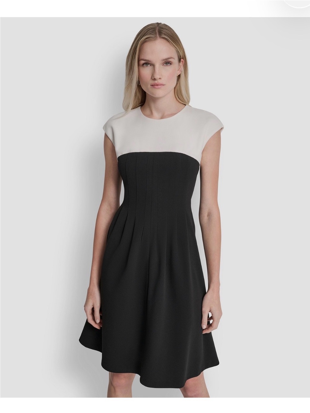 DKNY Two-Tone Black and Cream Cap-Sleeve Midi Dress